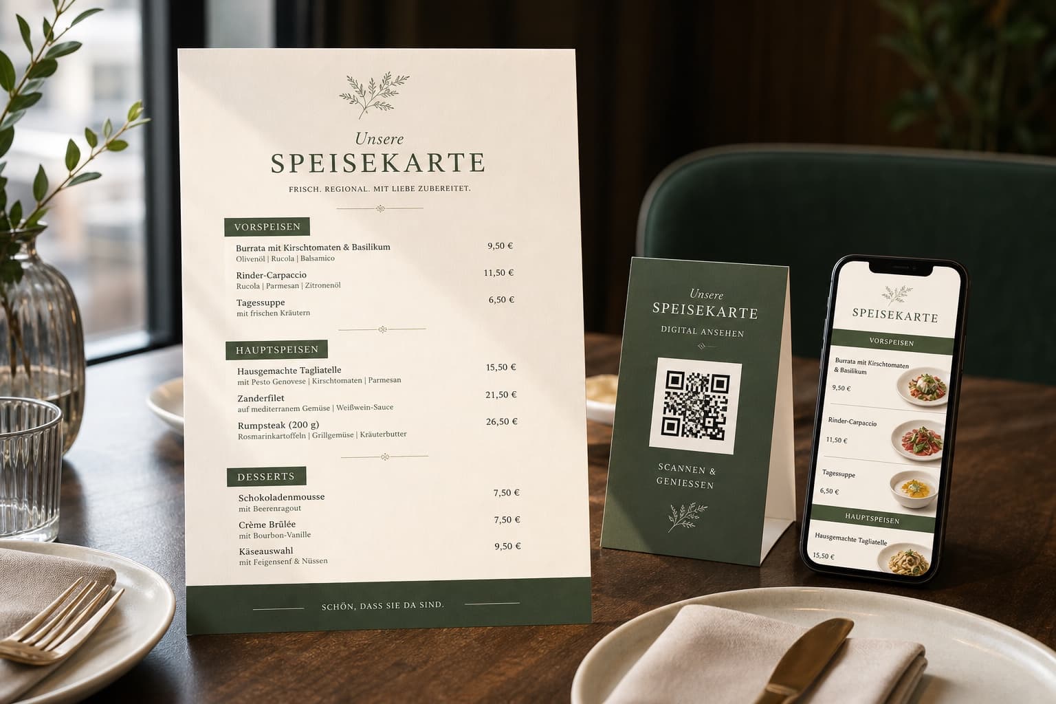 Professionelle Speisekarten-Vorlage mit QR-Code und PDF Export